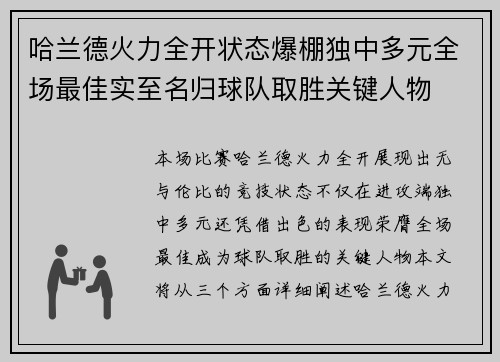 哈兰德火力全开状态爆棚独中多元全场最佳实至名归球队取胜关键人物
