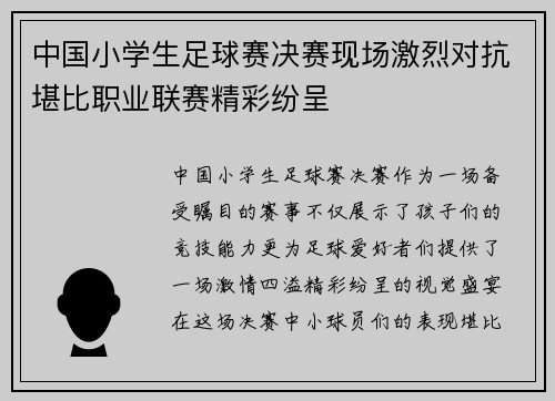 中国小学生足球赛决赛现场激烈对抗堪比职业联赛精彩纷呈